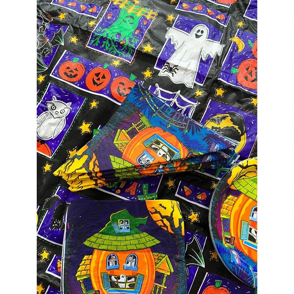 VTG Halloween Pumpkin Ghost Bat Spider Owl Tablecloth 17 Napkins 12 Plates Set
